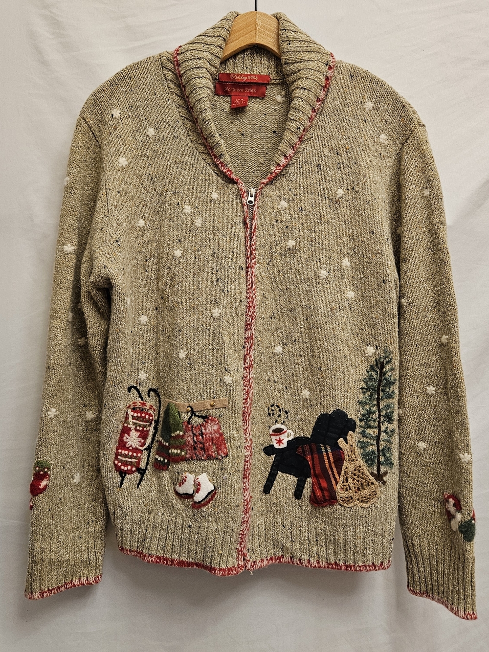 Cozy Holiday Zip Cardigan Sweater Taupe Festive Embroidery Vtg Northern Isle Lrg